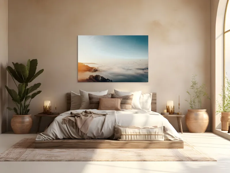Tablou Canvas, "Răsărit peste un ocean de ceață", Cer, Nori, Soare, Pădure, Păsări, Apus, Ceață, Culori, Orizont, Natură, 150 x 100 cm – poza 4