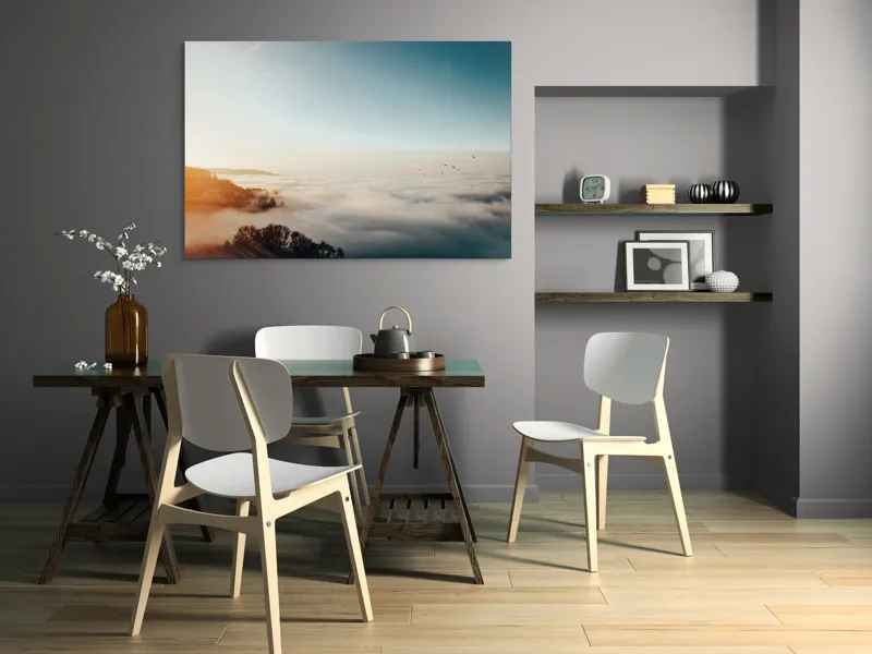 Tablou Canvas, "Răsărit peste un ocean de ceață", Cer, Nori, Soare, Pădure, Păsări, Apus, Ceață, Culori, Orizont, Natură, 150 x 100 cm – poza 5