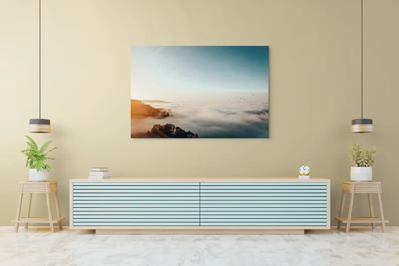 Tablou Canvas, "Răsărit peste un ocean de ceață", Cer, Nori, Soare, Pădure, Păsări, Apus, Ceață, Culori, Orizont, Natură, 150 x 100 cm – poza 6