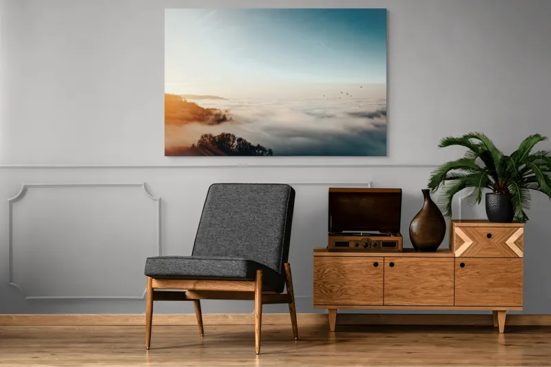 Tablou Canvas, "Răsărit peste un ocean de ceață", Cer, Nori, Soare, Pădure, Păsări, Apus, Ceață, Culori, Orizont, Natură, 150 x 100 cm – poza 8