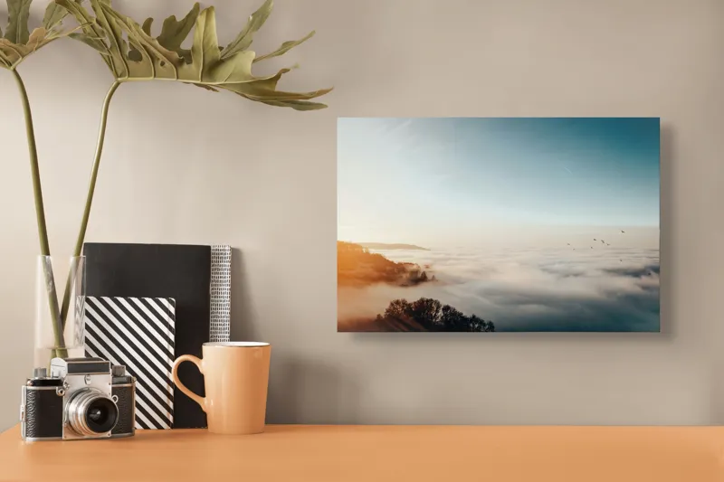 Tablou Canvas, "Răsărit peste un ocean de ceață", Cer, Nori, Soare, Pădure, Păsări, Apus, Ceață, Culori, Orizont, Natură, 39 x 26 cm – poza 3