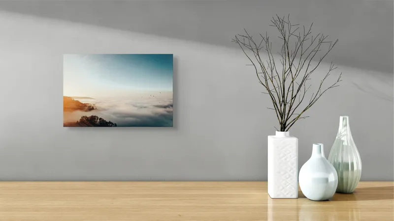 Tablou Canvas, "Răsărit peste un ocean de ceață", Cer, Nori, Soare, Pădure, Păsări, Apus, Ceață, Culori, Orizont, Natură, 39 x 26 cm – poza 8