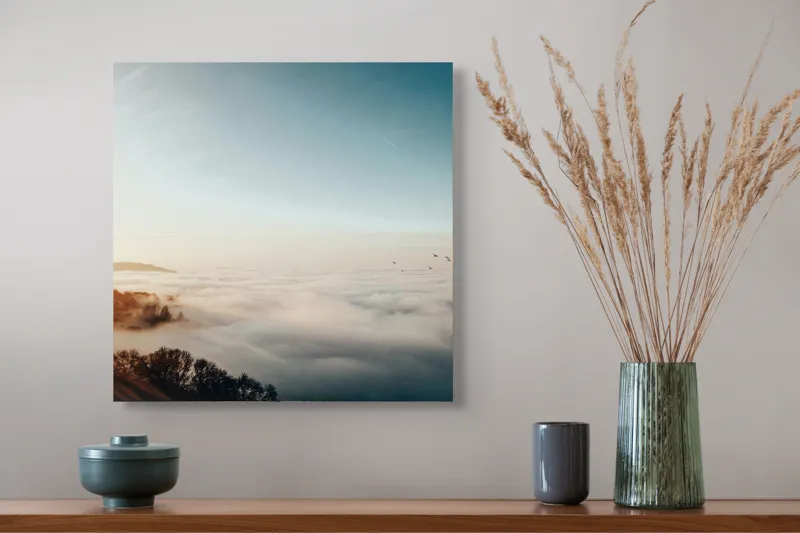 Tablou Canvas, "Răsărit peste un ocean de ceață", Cer, Nori, Soare, Pădure, Păsări, Apus, Ceață, Culori, Orizont, Natură, 50 x 50 cm – poza 4