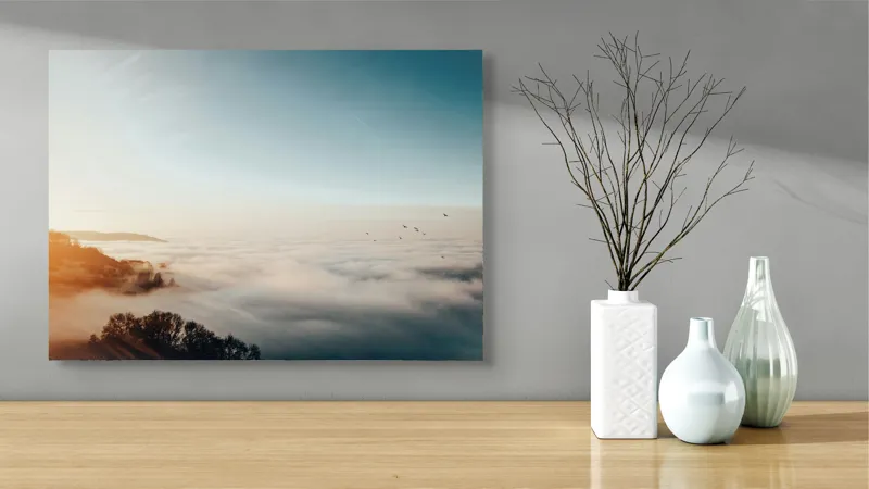 Tablou Canvas, "Răsărit peste un ocean de ceață", Cer, Nori, Soare, Pădure, Păsări, Apus, Ceață, Culori, Orizont, Natură, 70 x 50 cm – poza 3