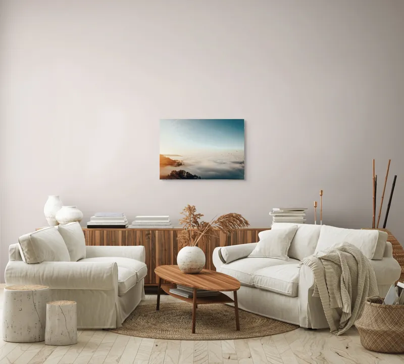 Tablou Canvas, "Răsărit peste un ocean de ceață", Cer, Nori, Soare, Pădure, Păsări, Apus, Ceață, Culori, Orizont, Natură, 70 x 50 cm – poza 6