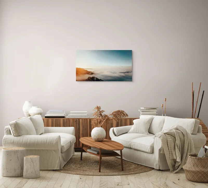 Tablou Canvas, "Răsărit peste un ocean de ceață", Cer, Nori, Soare, Pădure, Păsări, Apus, Ceață, Culori, Orizont, Natură, 90 x 50 cm – poza 4