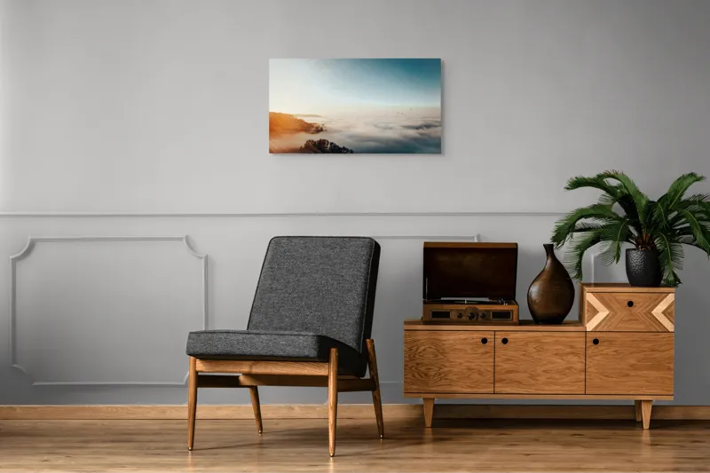 Tablou Canvas, "Răsărit peste un ocean de ceață", Cer, Nori, Soare, Pădure, Păsări, Apus, Ceață, Culori, Orizont, Natură, 90 x 50 cm – poza 6