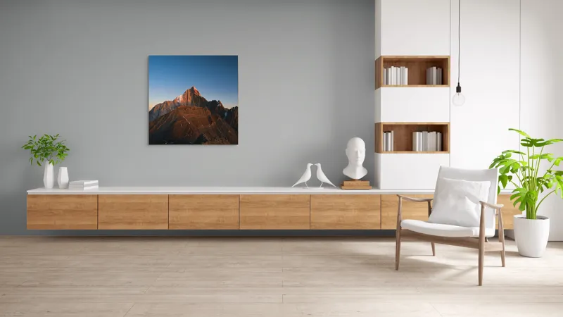 Tablou Canvas, "În lumina apusului muntele singuratic", Munți, Apus, Vârf, Cer, Stânci, Lumină, Peisaj, Înalt, Natură, Dramatic, 100 x 100 cm – poza 8