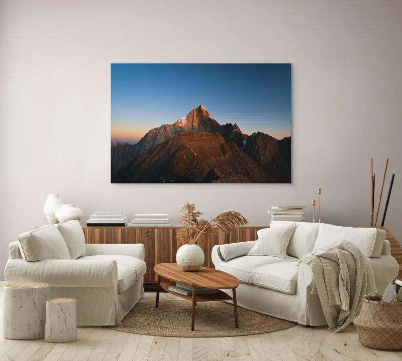 Tablou Canvas, "În lumina apusului muntele singuratic", Munți, Apus, Vârf, Cer, Stânci, Lumină, Peisaj, Înalt, Natură, Dramatic, 150 x 100 cm – poza 3