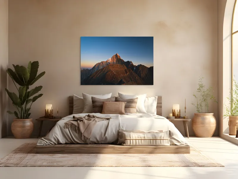 Tablou Canvas, "În lumina apusului muntele singuratic", Munți, Apus, Vârf, Cer, Stânci, Lumină, Peisaj, Înalt, Natură, Dramatic, 150 x 100 cm – poza 4