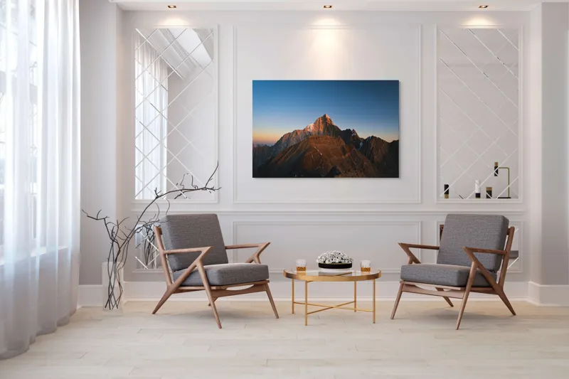 Tablou Canvas, "În lumina apusului muntele singuratic", Munți, Apus, Vârf, Cer, Stânci, Lumină, Peisaj, Înalt, Natură, Dramatic, 150 x 100 cm – poza 7