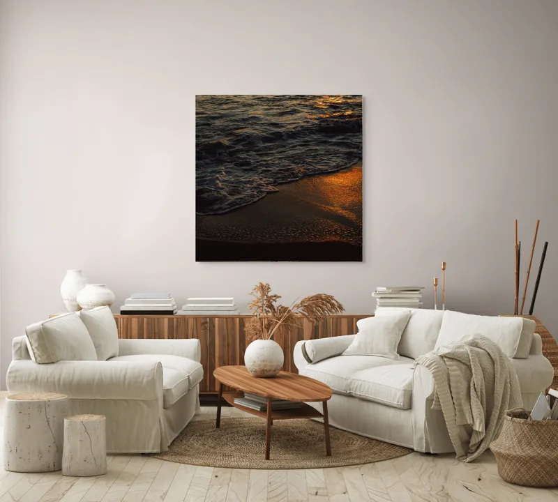 Tablou Canvas, "Liniștea apusului pe plajă", Apus, Valuri, Reflexii, Aurii, Liniște, Plajă, Mister, Serenitate, 100 x 100 cm – poza 3