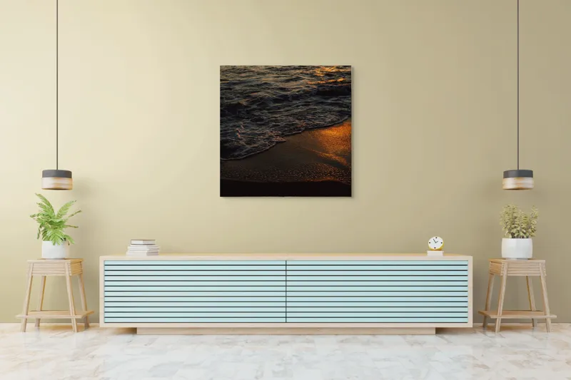 Tablou Canvas, "Liniștea apusului pe plajă", Apus, Valuri, Reflexii, Aurii, Liniște, Plajă, Mister, Serenitate, 100 x 100 cm – poza 5