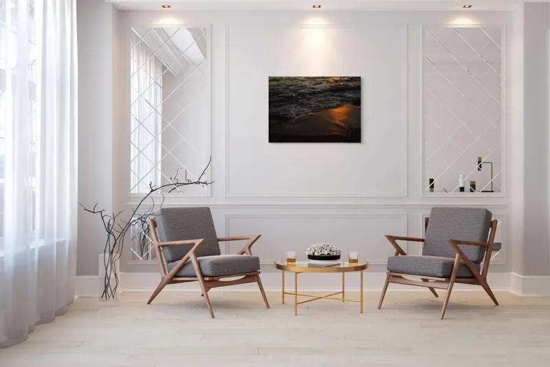 Tablou Canvas, "Liniștea apusului pe plajă", Apus, Valuri, Reflexii, Aurii, Liniște, Plajă, Mister, Serenitate, 100 x 70 cm – poza 5