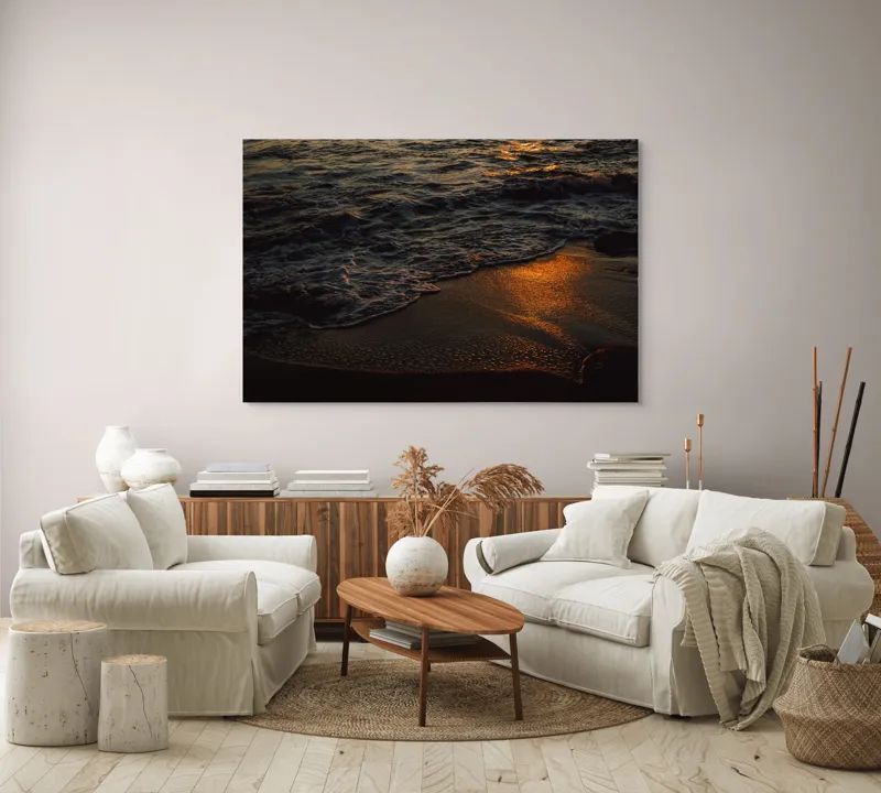 Tablou Canvas, "Liniștea apusului pe plajă", Apus, Valuri, Reflexii, Aurii, Liniște, Plajă, Mister, Serenitate, 150 x 100 cm – poza 3