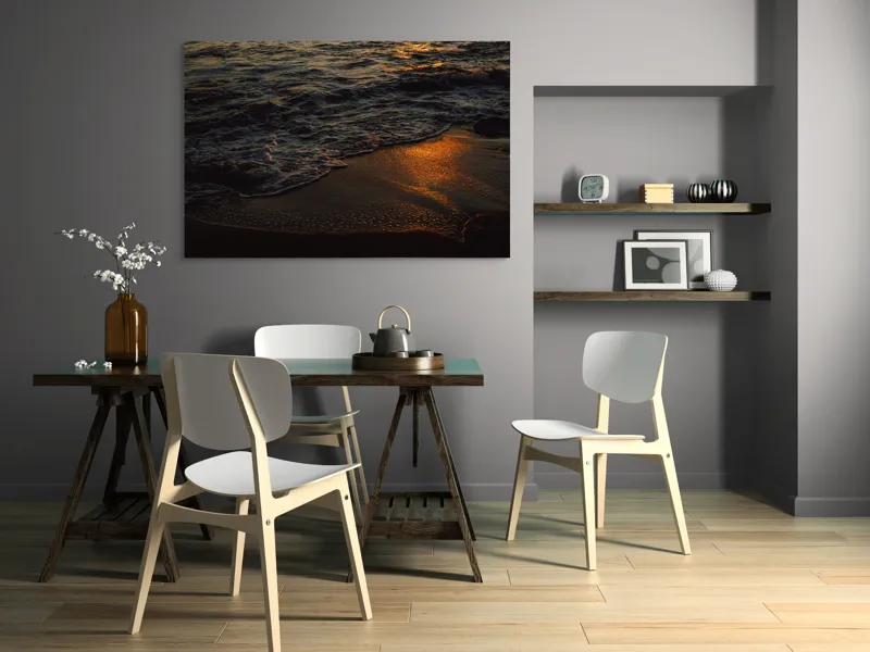Tablou Canvas, "Liniștea apusului pe plajă", Apus, Valuri, Reflexii, Aurii, Liniște, Plajă, Mister, Serenitate, 150 x 100 cm – poza 5