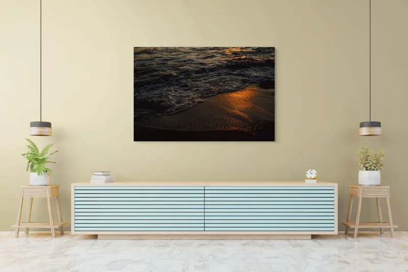 Tablou Canvas, "Liniștea apusului pe plajă", Apus, Valuri, Reflexii, Aurii, Liniște, Plajă, Mister, Serenitate, 150 x 100 cm – poza 6