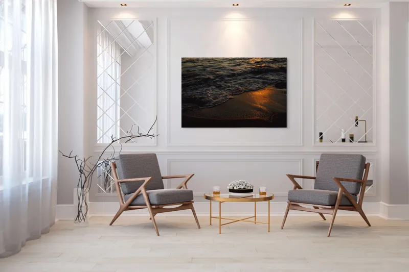 Tablou Canvas, "Liniștea apusului pe plajă", Apus, Valuri, Reflexii, Aurii, Liniște, Plajă, Mister, Serenitate, 150 x 100 cm – poza 7