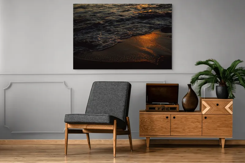 Tablou Canvas, "Liniștea apusului pe plajă", Apus, Valuri, Reflexii, Aurii, Liniște, Plajă, Mister, Serenitate, 150 x 100 cm – poza 8