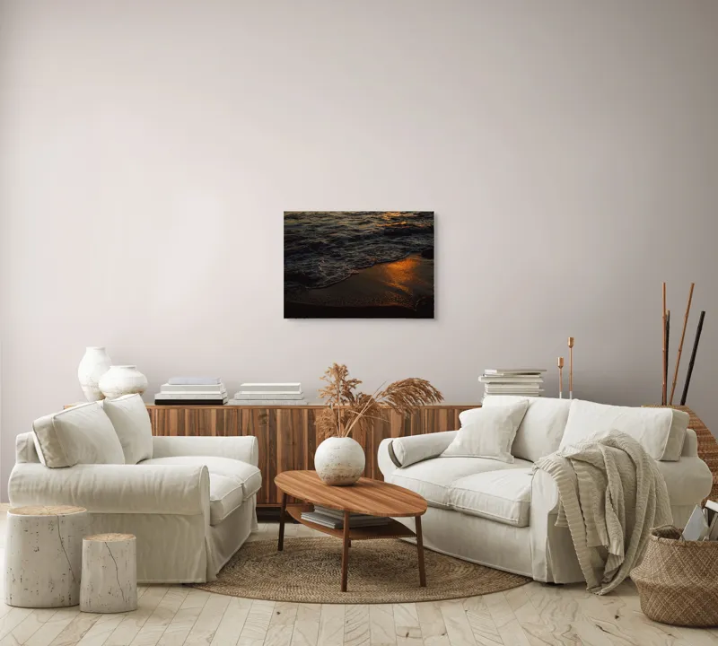 Tablou Canvas, "Liniștea apusului pe plajă", Apus, Valuri, Reflexii, Aurii, Liniște, Plajă, Mister, Serenitate, 70 x 50 cm – poza 6