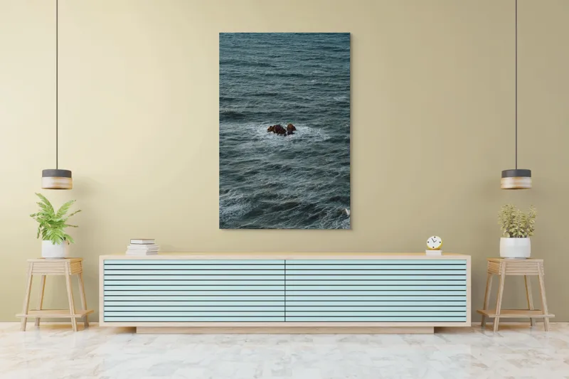 Tablou Canvas, "Singuratici stânci în marea agitată", Valuri, Rocă, Apă, Mare, Singurătate, Natură, Albastru, 100 x 150 cm – poza 4