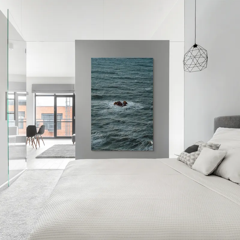Tablou Canvas, "Singuratici stânci în marea agitată", Valuri, Rocă, Apă, Mare, Singurătate, Natură, Albastru, 100 x 150 cm – poza 5