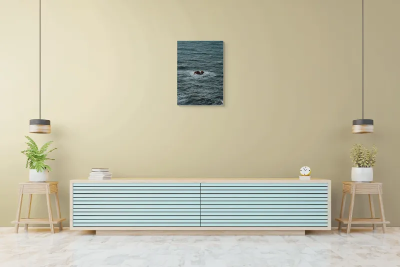 Tablou Canvas, "Singuratici stânci în marea agitată", Valuri, Rocă, Apă, Mare, Singurătate, Natură, Albastru, 50 x 70 cm – poza 6