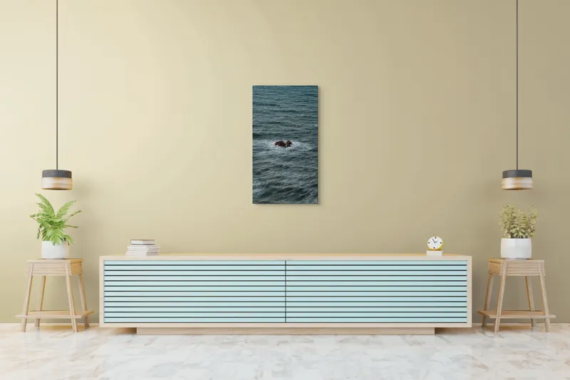 Tablou Canvas, "Singuratici stânci în marea agitată", Valuri, Rocă, Apă, Mare, Singurătate, Natură, Albastru, 50 x 90 cm – poza 6