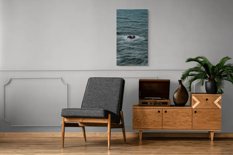 Tablou Canvas, "Singuratici stânci în marea agitată", Valuri, Rocă, Apă, Mare, Singurătate, Natură, Albastru, 50 x 90 cm – poza 8