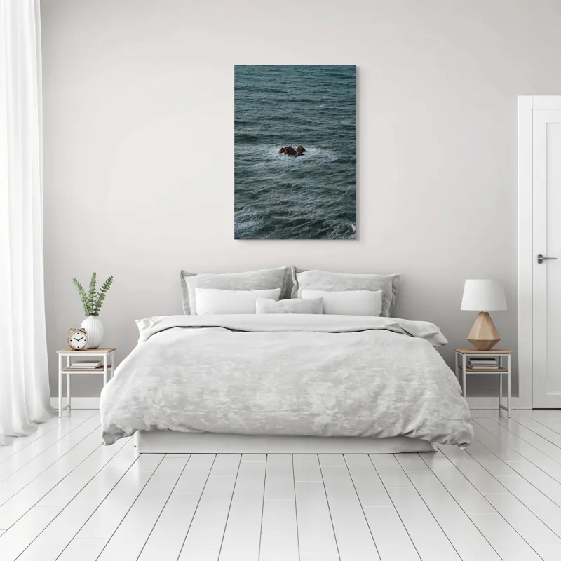 Tablou Canvas, "Singuratici stânci în marea agitată", Valuri, Rocă, Apă, Mare, Singurătate, Natură, Albastru, 70 x 100 cm – poza 3