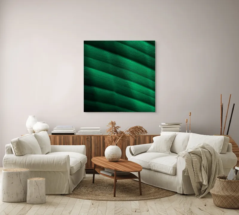Tablou Canvas, "Frumusețea frunzelor sub razele soarelui", Groove, Verde, Textură, Natură, Lumină, Umbră, Frunză, Linie, Suprafață, Organic, 100 x 100 cm – poza 3