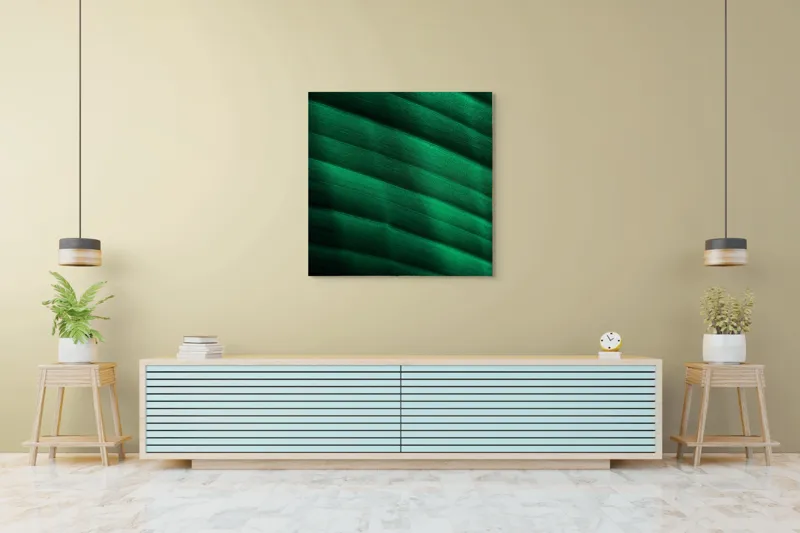 Tablou Canvas, "Frumusețea frunzelor sub razele soarelui", Groove, Verde, Textură, Natură, Lumină, Umbră, Frunză, Linie, Suprafață, Organic, 100 x 100 cm – poza 5
