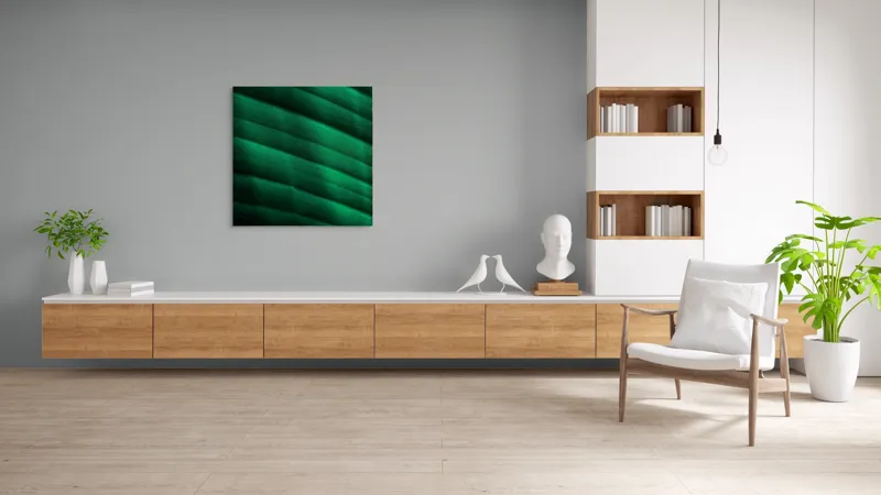 Tablou Canvas, "Frumusețea frunzelor sub razele soarelui", Groove, Verde, Textură, Natură, Lumină, Umbră, Frunză, Linie, Suprafață, Organic, 100 x 100 cm – poza 8