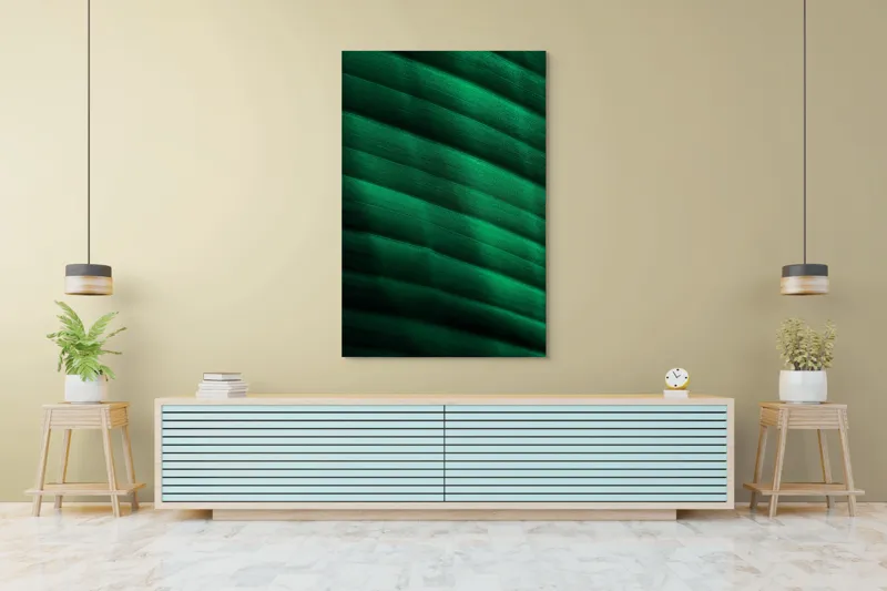 Tablou Canvas, "Frumusețea frunzelor sub razele soarelui", Groove, Verde, Textură, Natură, Lumină, Umbră, Frunză, Linie, Suprafață, Organic, 100 x 150 cm – poza 4
