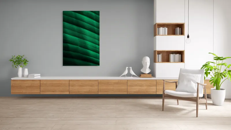 Tablou Canvas, "Frumusețea frunzelor sub razele soarelui", Groove, Verde, Textură, Natură, Lumină, Umbră, Frunză, Linie, Suprafață, Organic, 100 x 150 cm – poza 8