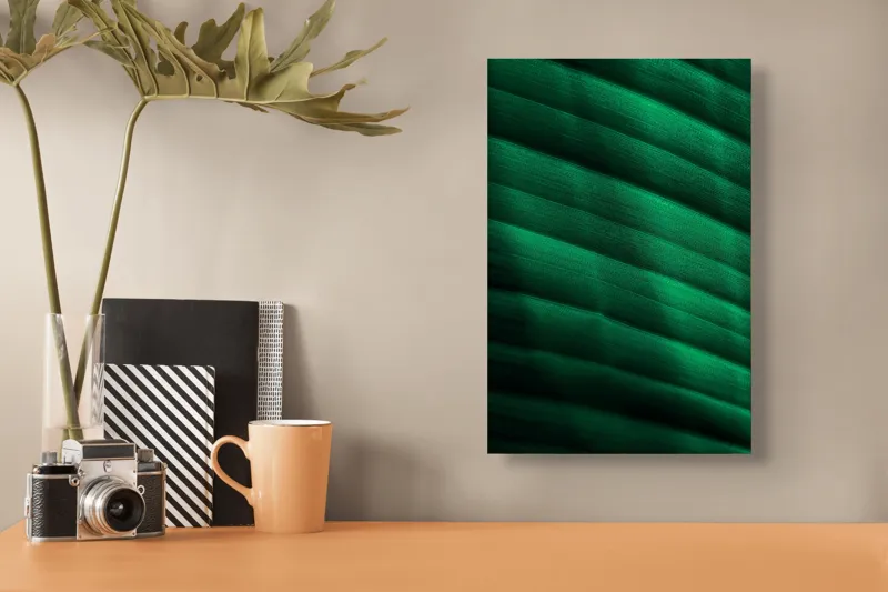 Tablou Canvas, "Frumusețea frunzelor sub razele soarelui", Groove, Verde, Textură, Natură, Lumină, Umbră, Frunză, Linie, Suprafață, Organic, 26 x 39 cm – poza 3