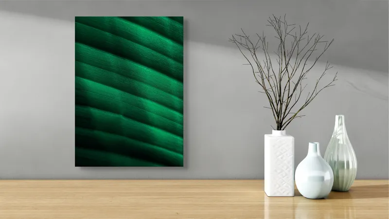 Tablou Canvas, "Frumusețea frunzelor sub razele soarelui", Groove, Verde, Textură, Natură, Lumină, Umbră, Frunză, Linie, Suprafață, Organic, 39 x 54 cm – poza 4