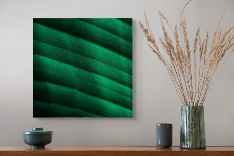 Tablou Canvas, "Frumusețea frunzelor sub razele soarelui", Groove, Verde, Textură, Natură, Lumină, Umbră, Frunză, Linie, Suprafață, Organic, 50 x 50 cm – poza 4