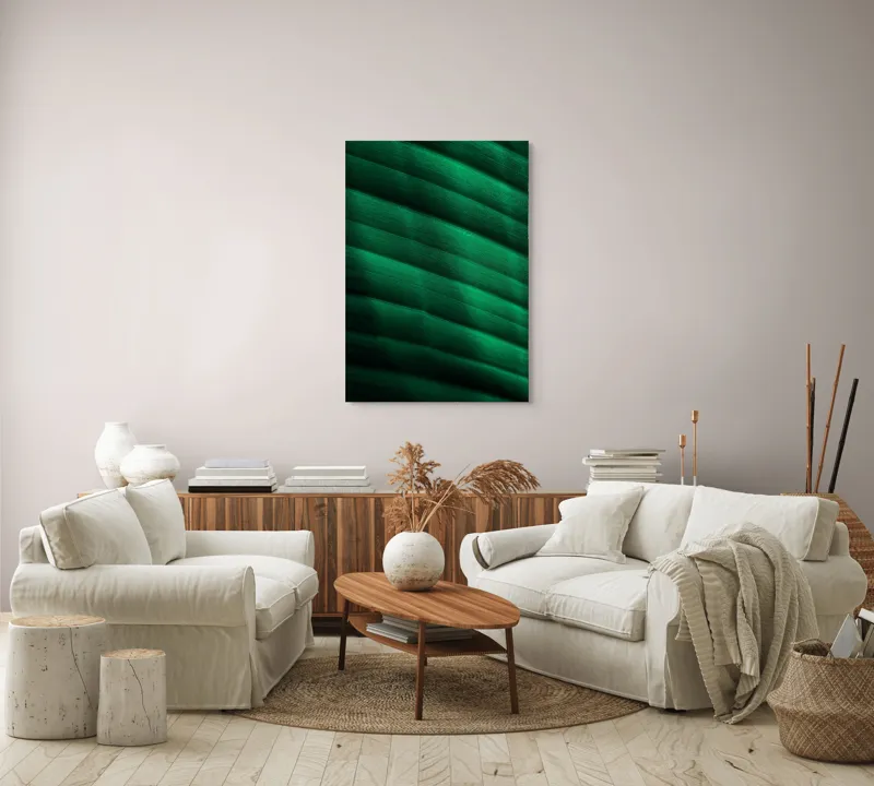 Tablou Canvas, "Frumusețea frunzelor sub razele soarelui", Groove, Verde, Textură, Natură, Lumină, Umbră, Frunză, Linie, Suprafață, Organic, 70 x 100 cm – poza 4