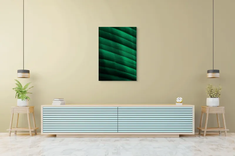Tablou Canvas, "Frumusețea frunzelor sub razele soarelui", Groove, Verde, Textură, Natură, Lumină, Umbră, Frunză, Linie, Suprafață, Organic, 70 x 100 cm – poza 5