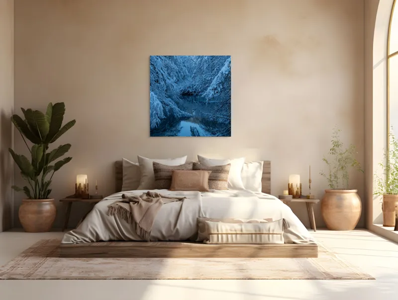 Tablou Canvas, "Iarna liniștită pe râul înghețat", Alb, Înghețat, Tăcut, Rece, Reflexie, Ramuri, Neclintit, Înnorat, 100 x 100 cm – poza 4
