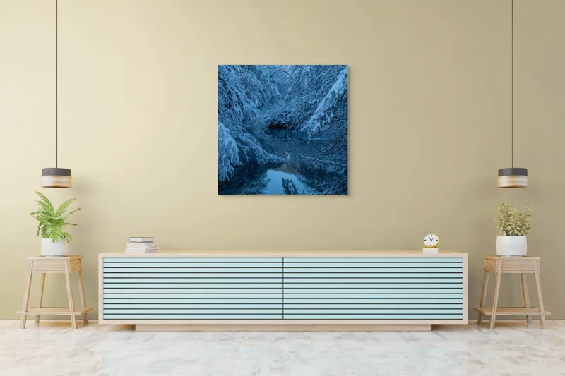 Tablou Canvas, "Iarna liniștită pe râul înghețat", Alb, Înghețat, Tăcut, Rece, Reflexie, Ramuri, Neclintit, Înnorat, 100 x 100 cm – poza 5