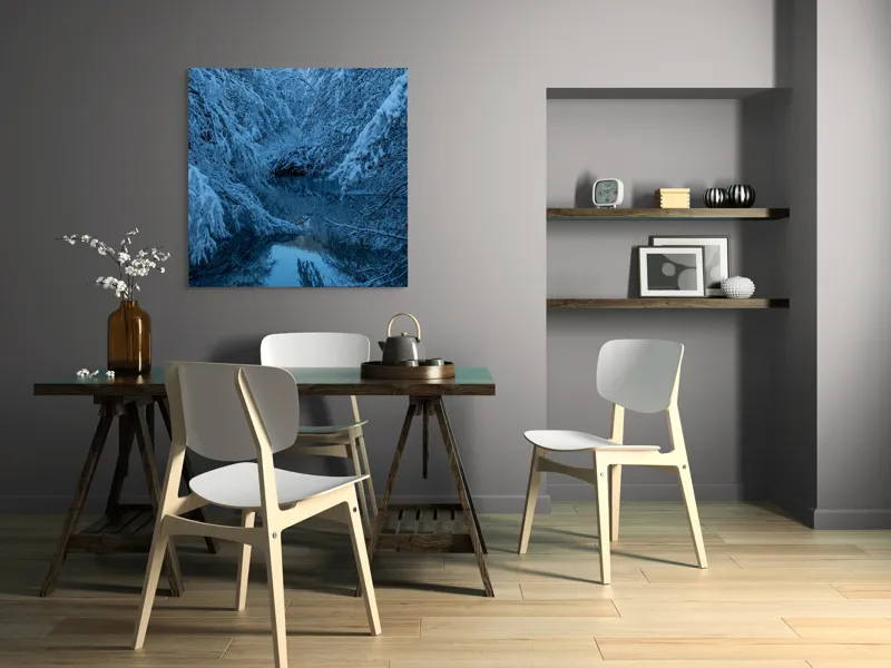 Tablou Canvas, "Iarna liniștită pe râul înghețat", Alb, Înghețat, Tăcut, Rece, Reflexie, Ramuri, Neclintit, Înnorat, 100 x 100 cm – poza 6