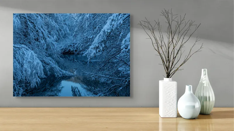 Tablou Canvas, "Iarna liniștită pe râul înghețat", Alb, Înghețat, Tăcut, Rece, Reflexie, Ramuri, Neclintit, Înnorat, 70 x 50 cm – poza 3