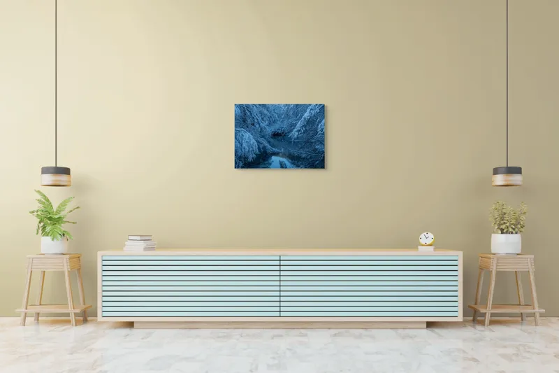 Tablou Canvas, "Iarna liniștită pe râul înghețat", Alb, Înghețat, Tăcut, Rece, Reflexie, Ramuri, Neclintit, Înnorat, 70 x 50 cm – poza 7