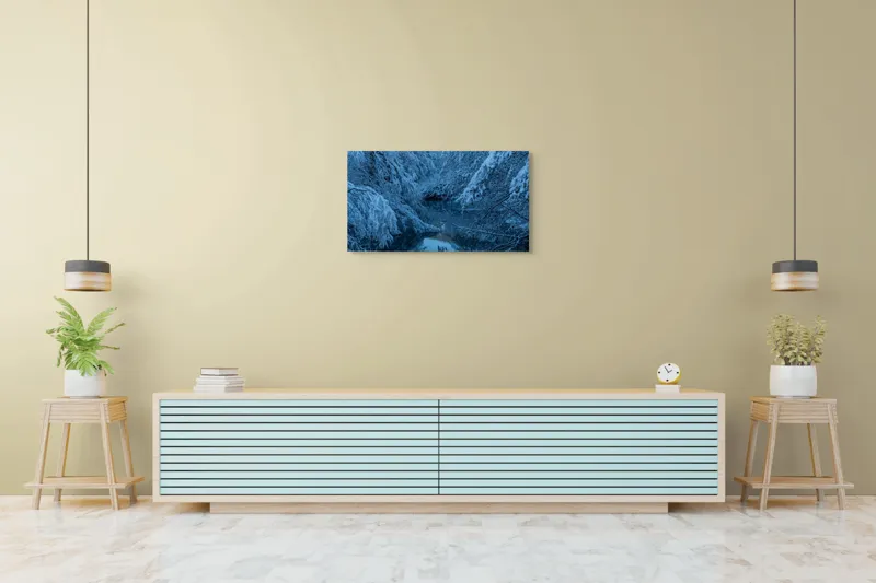 Tablou Canvas, "Iarna liniștită pe râul înghețat", Alb, Înghețat, Tăcut, Rece, Reflexie, Ramuri, Neclintit, Înnorat, 90 x 50 cm – poza 5