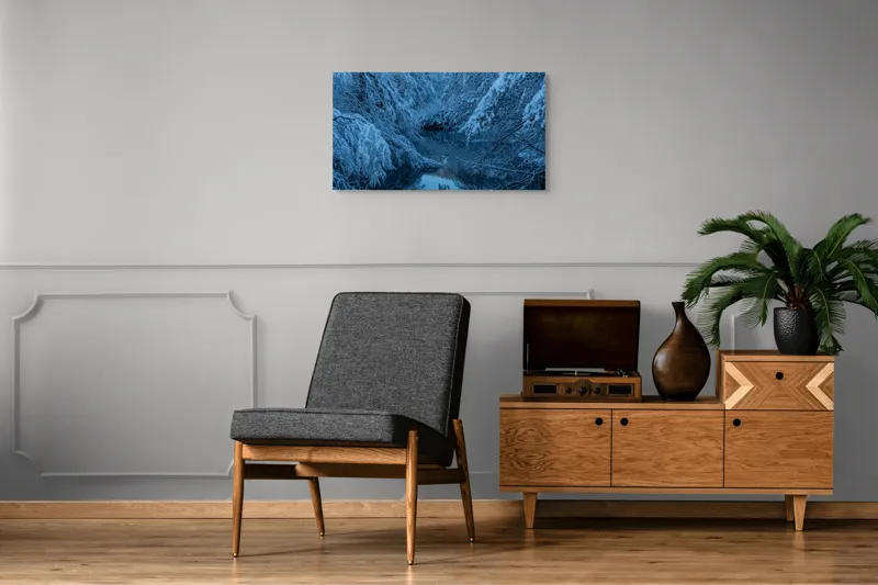 Tablou Canvas, "Iarna liniștită pe râul înghețat", Alb, Înghețat, Tăcut, Rece, Reflexie, Ramuri, Neclintit, Înnorat, 90 x 50 cm – poza 6