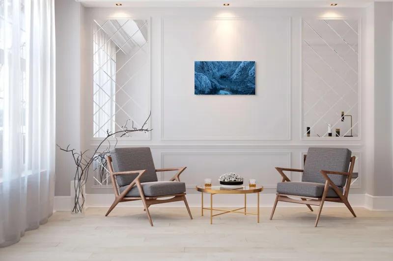 Tablou Canvas, "Iarna liniștită pe râul înghețat", Alb, Înghețat, Tăcut, Rece, Reflexie, Ramuri, Neclintit, Înnorat, 90 x 50 cm – poza 7