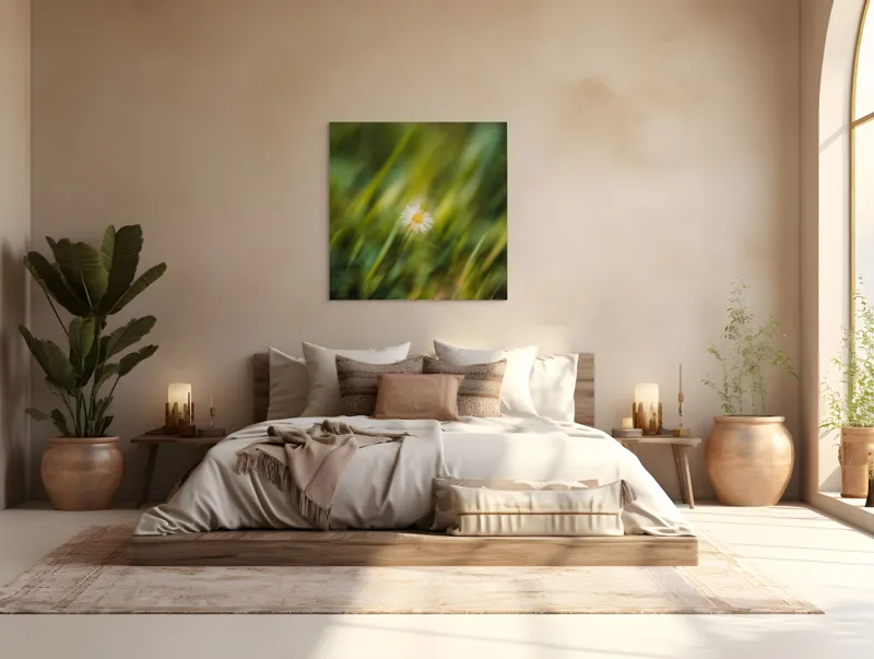 Tablou Canvas, "Margareta dansând în vântul verii", Floare, Singurătate, Verdeață, Estompare, Frumusețe, Natură, Seninătate, Simplitate, Culoare, Delicatețe, 100 x 100 cm – poza 4