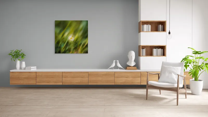 Tablou Canvas, "Margareta dansând în vântul verii", Floare, Singurătate, Verdeață, Estompare, Frumusețe, Natură, Seninătate, Simplitate, Culoare, Delicatețe, 100 x 100 cm – poza 8